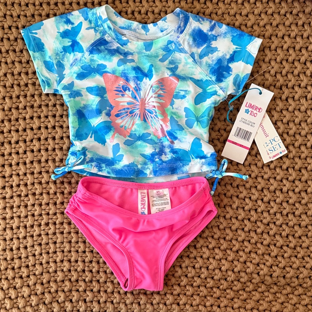 Limited Too Blue Butterfly Rashguard Set with Pink Bottoms